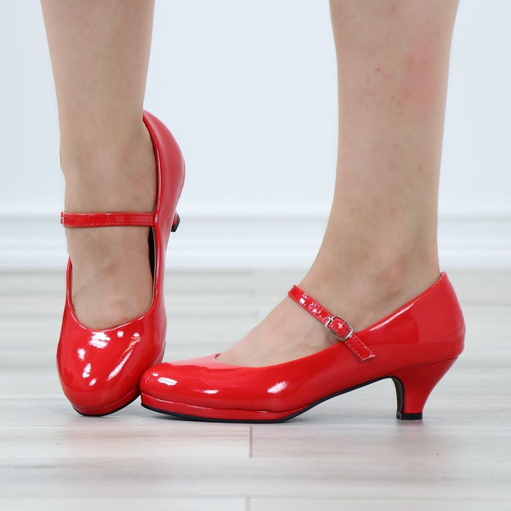 Red Patent Rockabilly Vintage Style Round Toe Kitten Low Heel Shoes - Picture 11 of 12